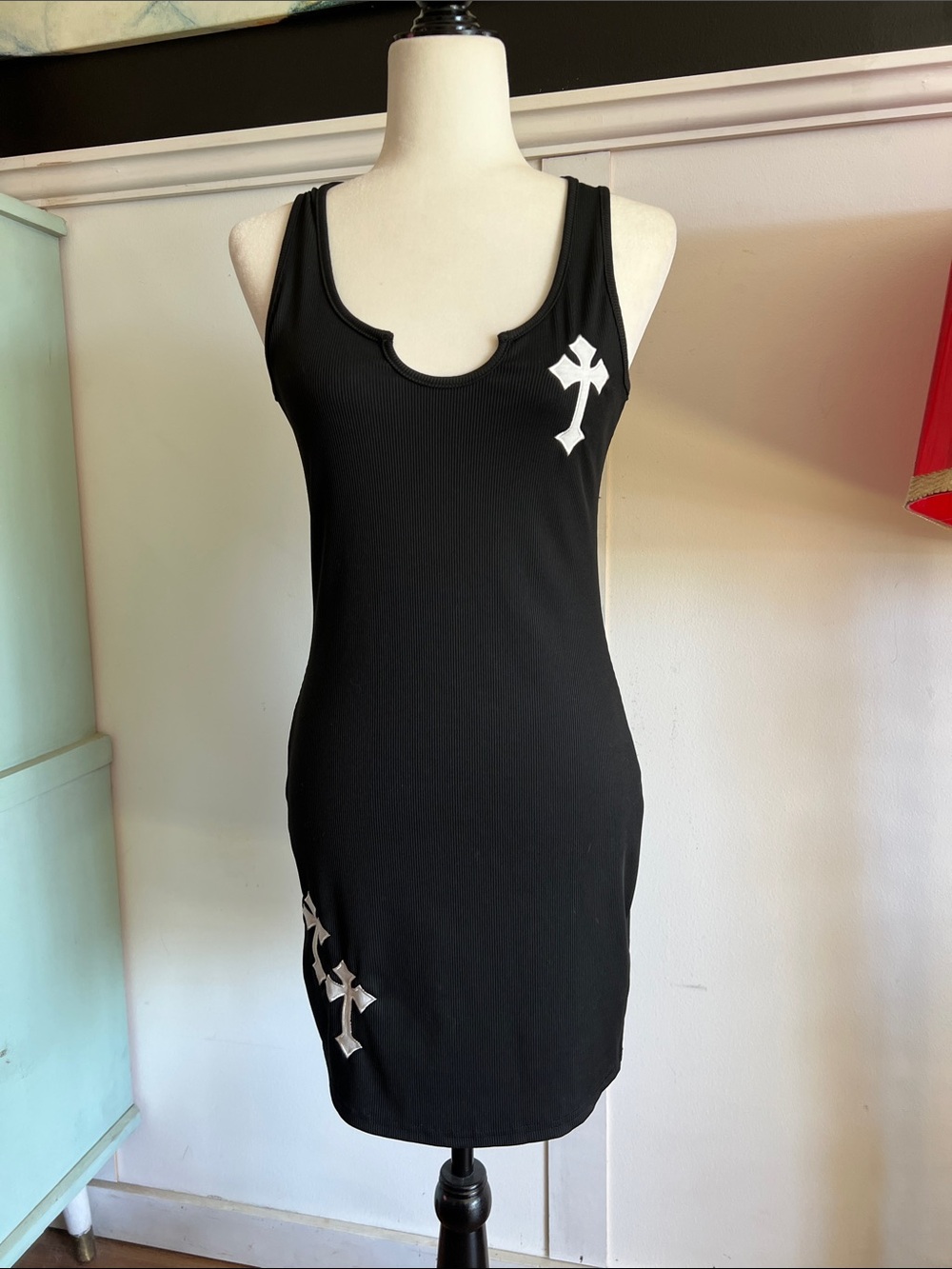 Black Gothic Cross Accent Tank Dress